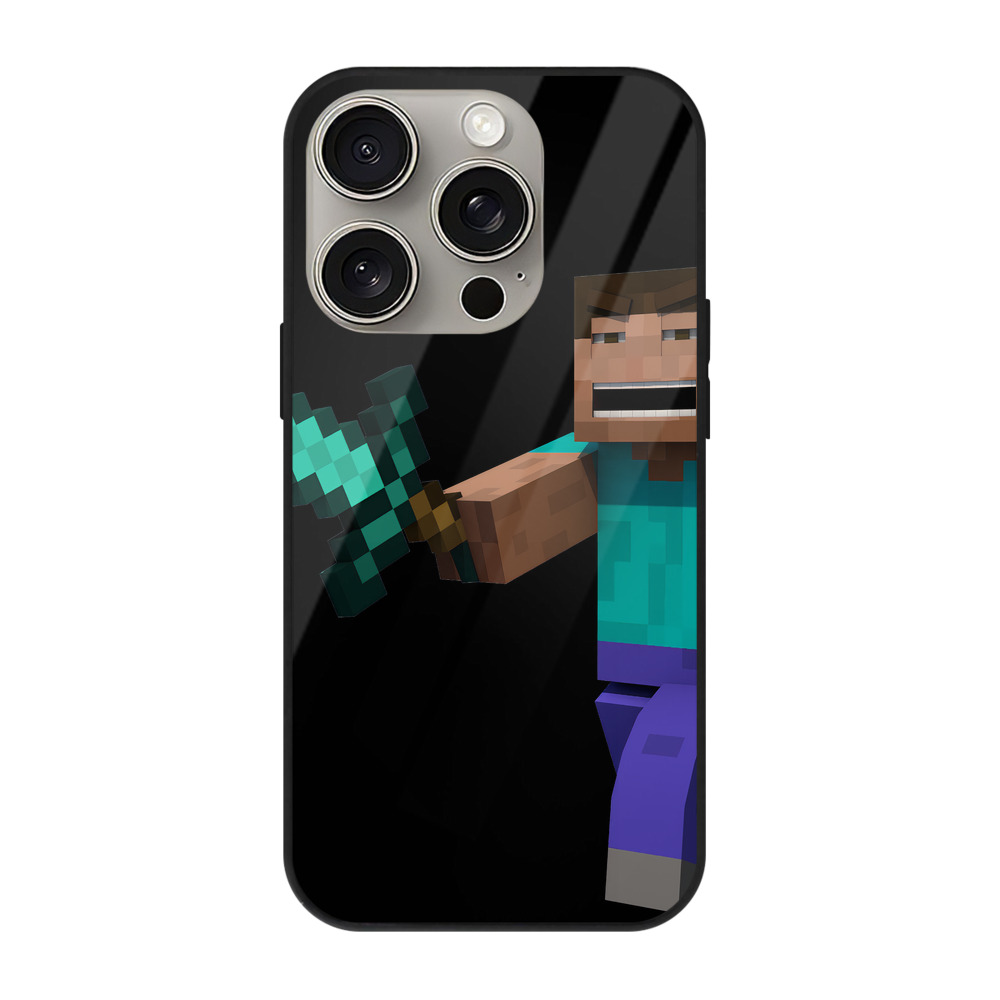 （画像用） マインクラフト ブロックの世界 Minecraft MC Block world 【iPhone15Pro対応】スマホケース 耐衝撃＆黄変防止 背面ガラス