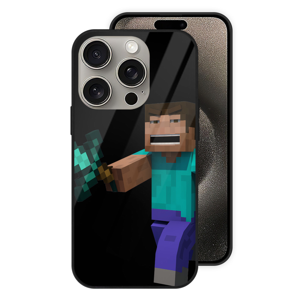 （画像用） マインクラフト ブロックの世界 Minecraft MC Block world 【iPhone15Pro対応】スマホケース 耐衝撃＆黄変防止 背面ガラス