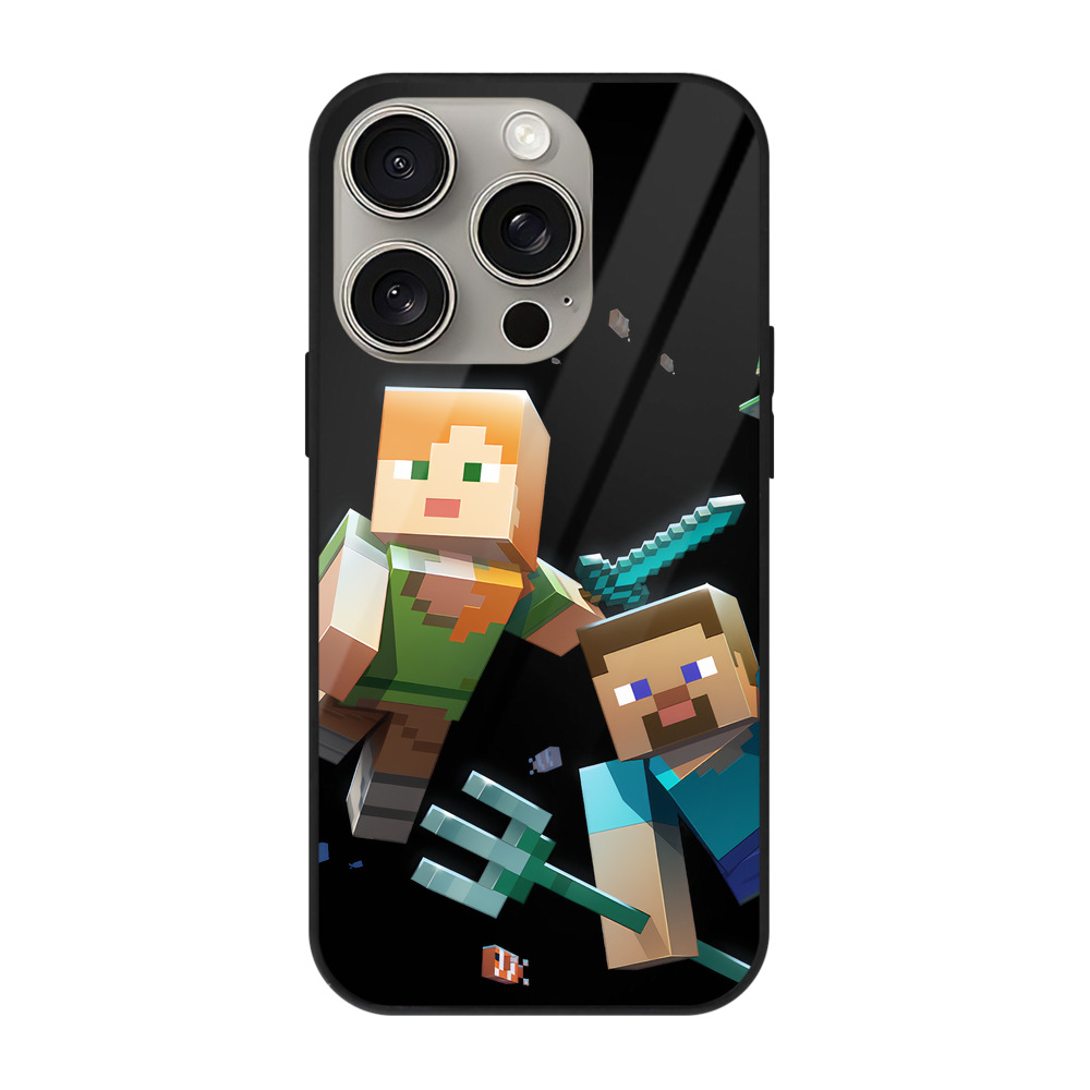 （画像用） マインクラフト ブロックの世界 Minecraft MC Block world 【iPhone15Pro対応】スマホケース 耐衝撃＆黄変防止 背面ガラス