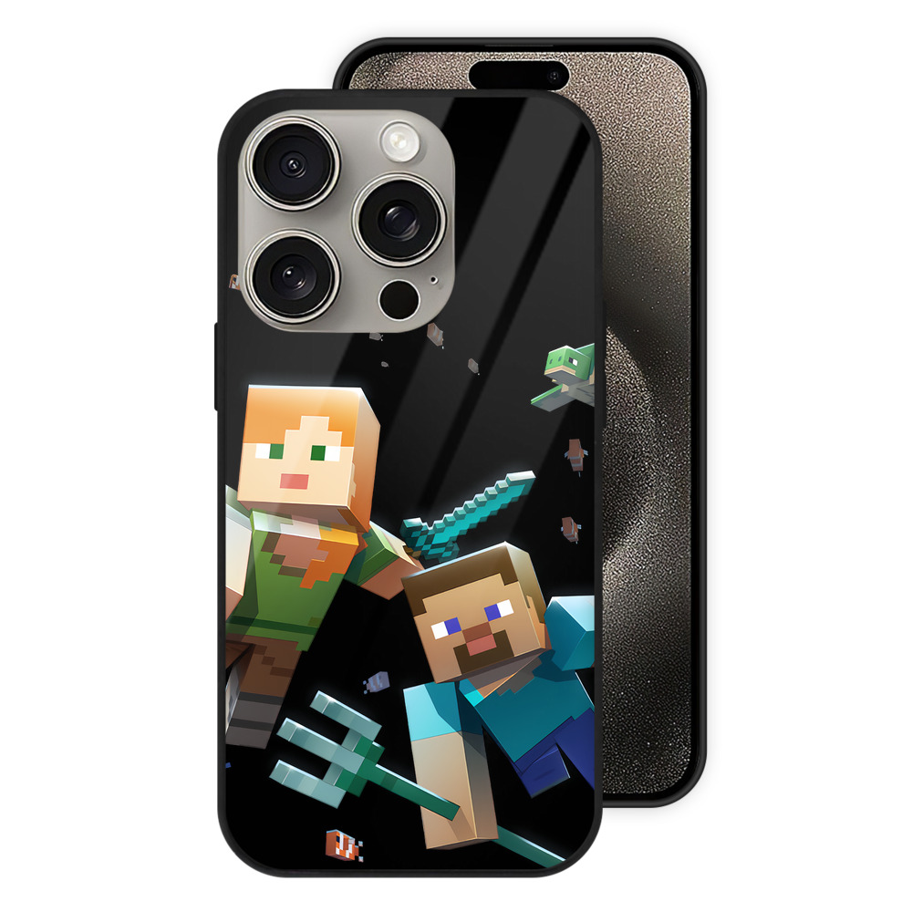（画像用） マインクラフト ブロックの世界 Minecraft MC Block world 【iPhone15Pro対応】スマホケース 耐衝撃＆黄変防止 背面ガラス