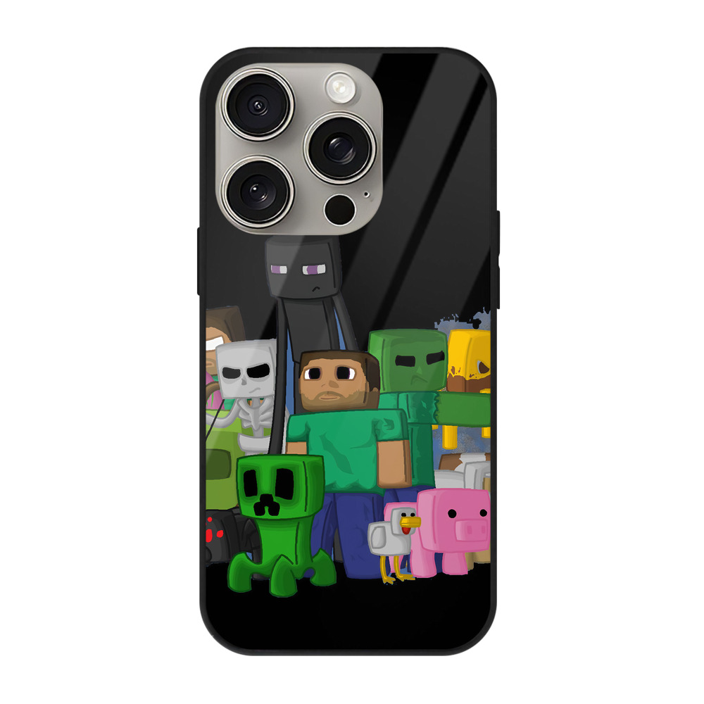 （画像用） マインクラフト ブロックの世界 Minecraft MC Block world 【iPhone15Pro対応】スマホケース 耐衝撃＆黄変防止 背面ガラス