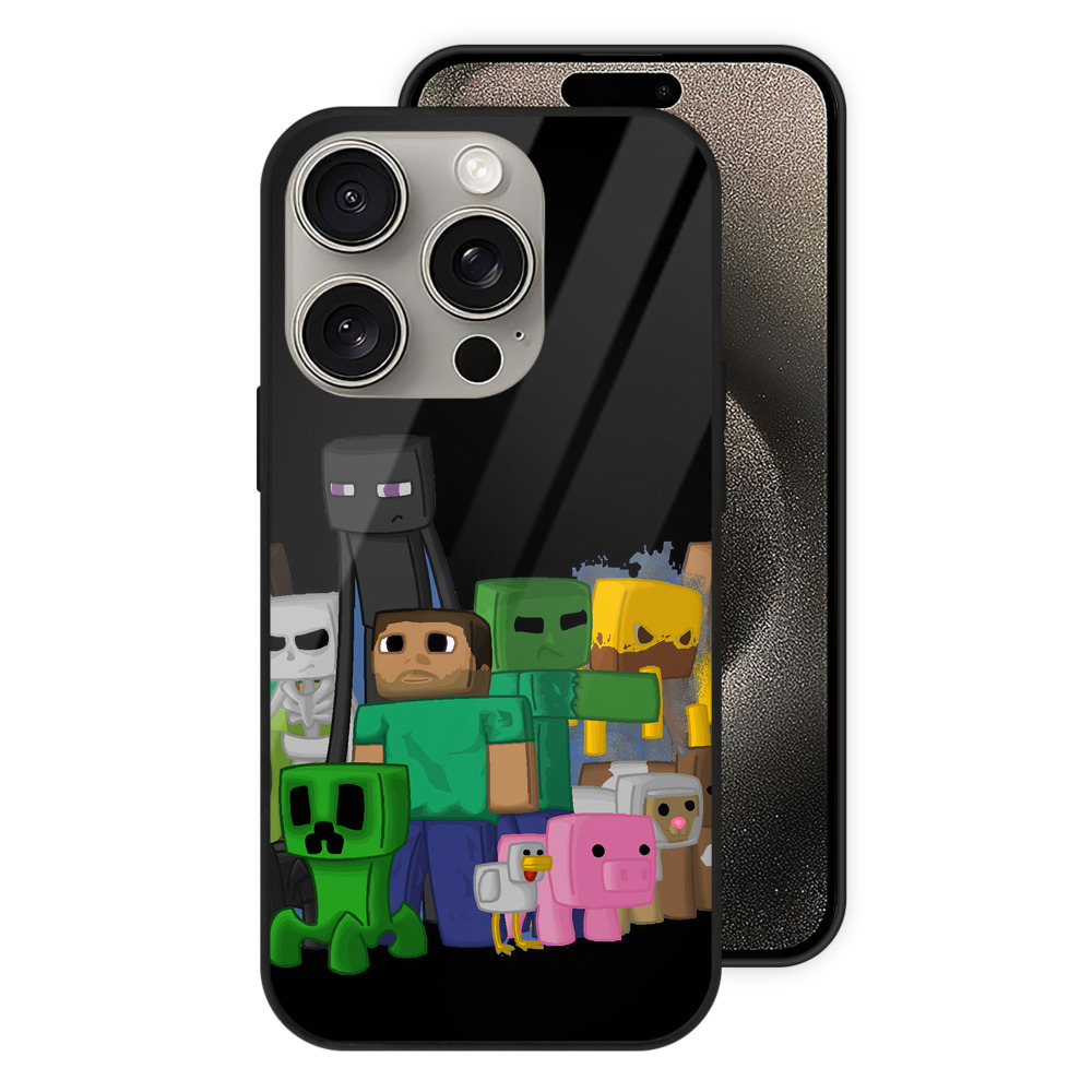 （画像用） マインクラフト ブロックの世界 Minecraft MC Block world 【iPhone15Pro対応】スマホケース 耐衝撃＆黄変防止 背面ガラス