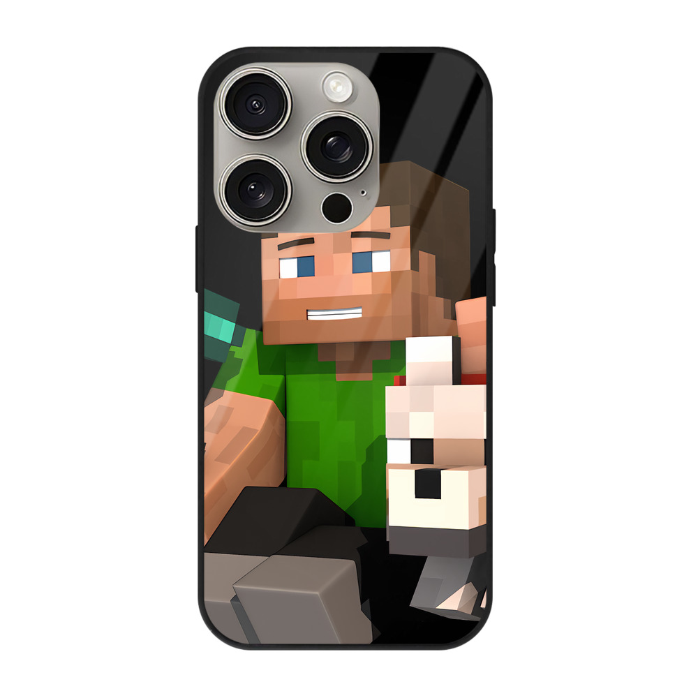 （画像用） マインクラフト ブロックの世界 Minecraft MC Block world 【iPhone15Pro対応】スマホケース 耐衝撃＆黄変防止 背面ガラス