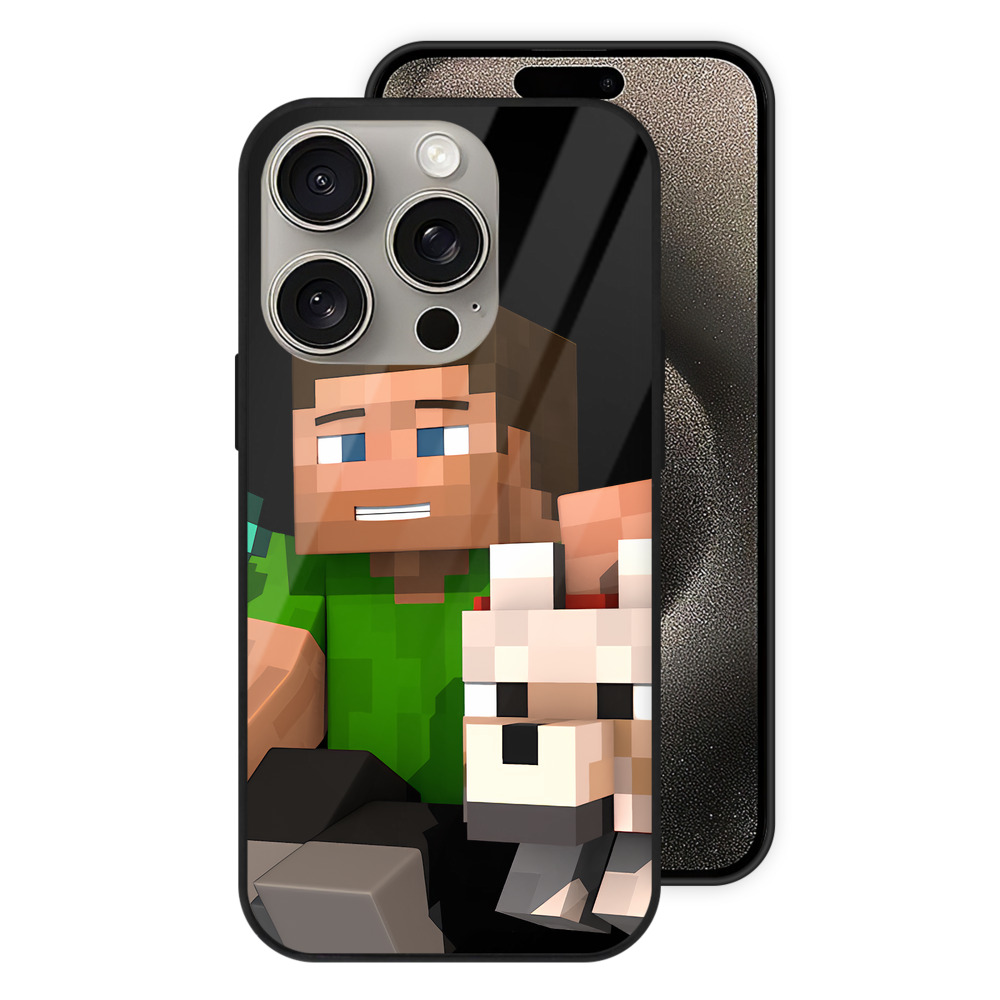 （画像用） マインクラフト ブロックの世界 Minecraft MC Block world 【iPhone15Pro対応】スマホケース 耐衝撃＆黄変防止 背面ガラス