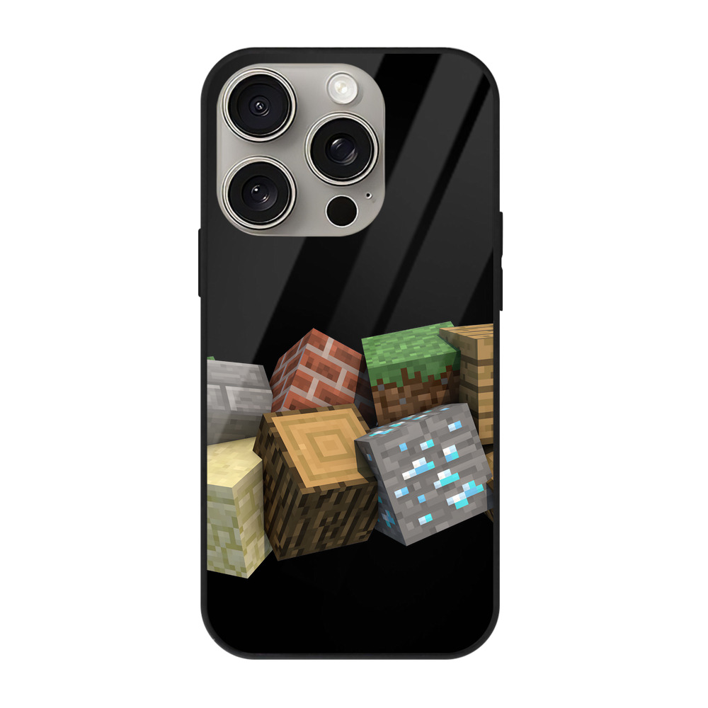 （画像用） マインクラフト ブロックの世界 Minecraft MC Block world 【iPhone15Pro対応】スマホケース 耐衝撃＆黄変防止 背面ガラス