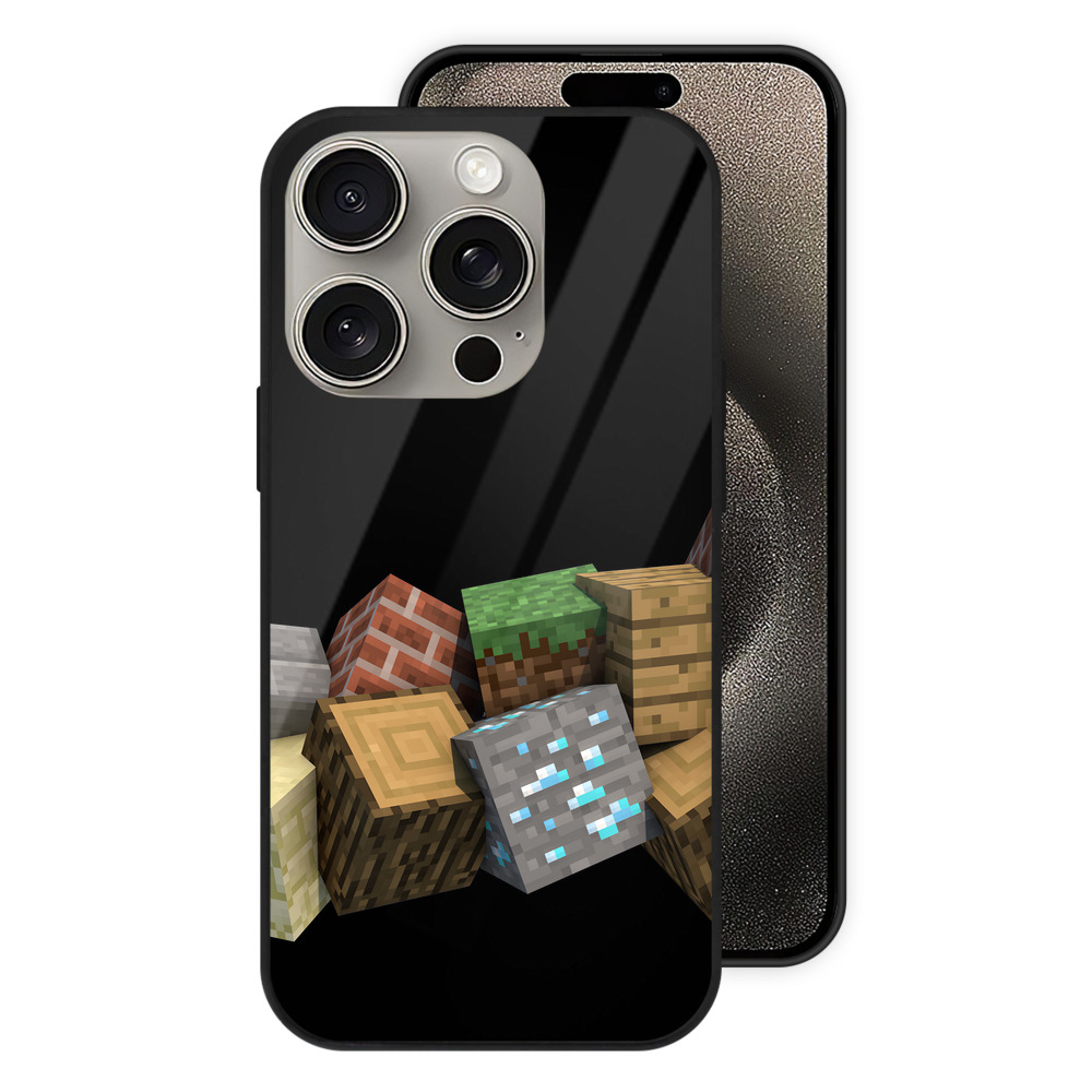 （画像用） マインクラフト ブロックの世界 Minecraft MC Block world 【iPhone15Pro対応】スマホケース 耐衝撃＆黄変防止 背面ガラス