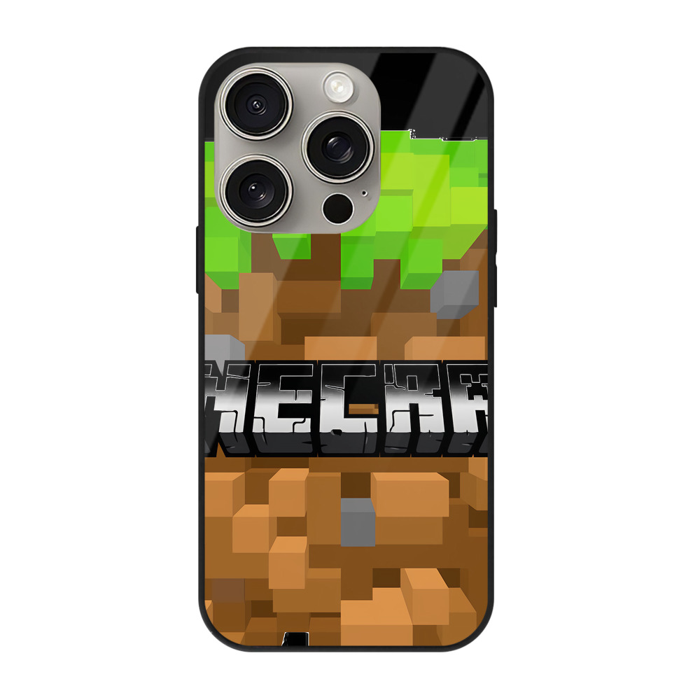 （画像用） マインクラフト ブロックの世界 Minecraft MC Block world 【iPhone15Pro対応】スマホケース 耐衝撃＆黄変防止 背面ガラス