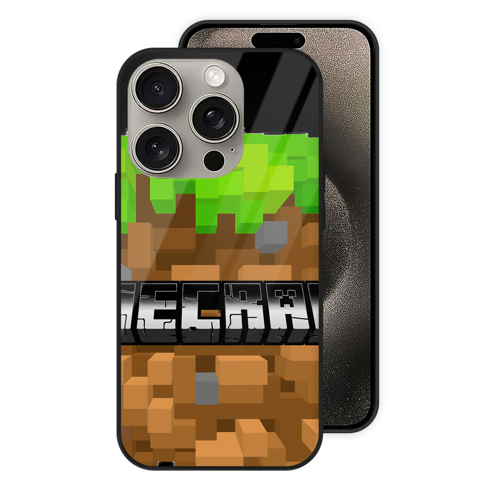（画像用） マインクラフト ブロックの世界 Minecraft MC Block world 【iPhone15Pro対応】スマホケース 耐衝撃＆黄変防止 背面ガラス