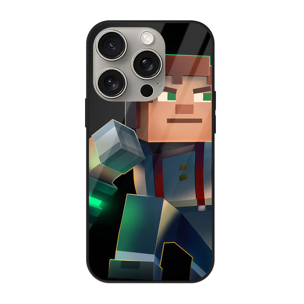 （画像用） マインクラフト ブロックの世界 Minecraft MC Block world 【iPhone15Pro対応】スマホケース 耐衝撃＆黄変防止 背面ガラス