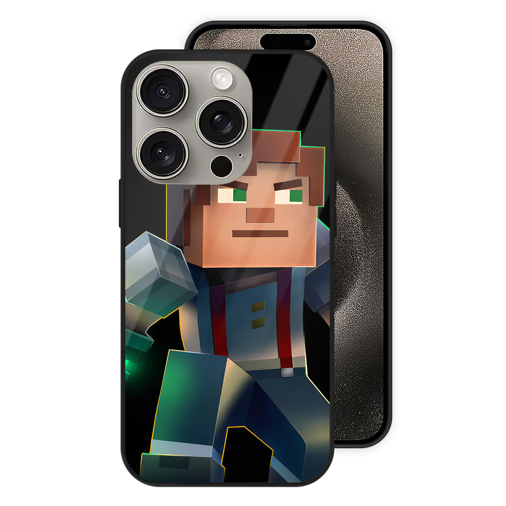 （画像用） マインクラフト ブロックの世界 Minecraft MC Block world 【iPhone15Pro対応】スマホケース 耐衝撃＆黄変防止 背面ガラス