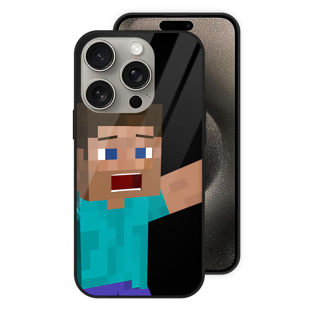 （画像用） マインクラフト ブロックの世界 Minecraft MC Block world 【iPhone15Pro対応】スマホケース 耐衝撃＆黄変防止 背面ガラス