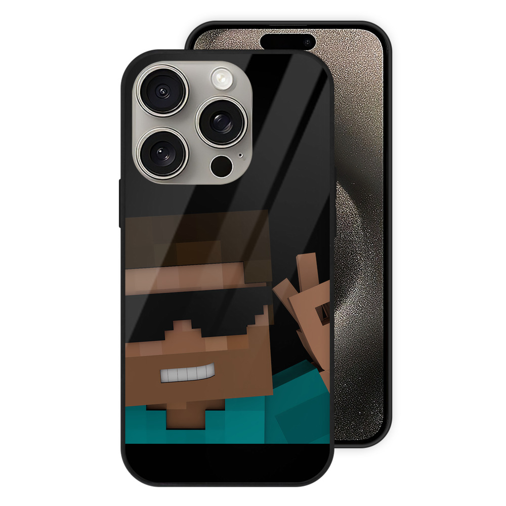 （画像用） マインクラフト ブロックの世界 Minecraft MC Block world 【iPhone15Pro対応】スマホケース 耐衝撃＆黄変防止 背面ガラス