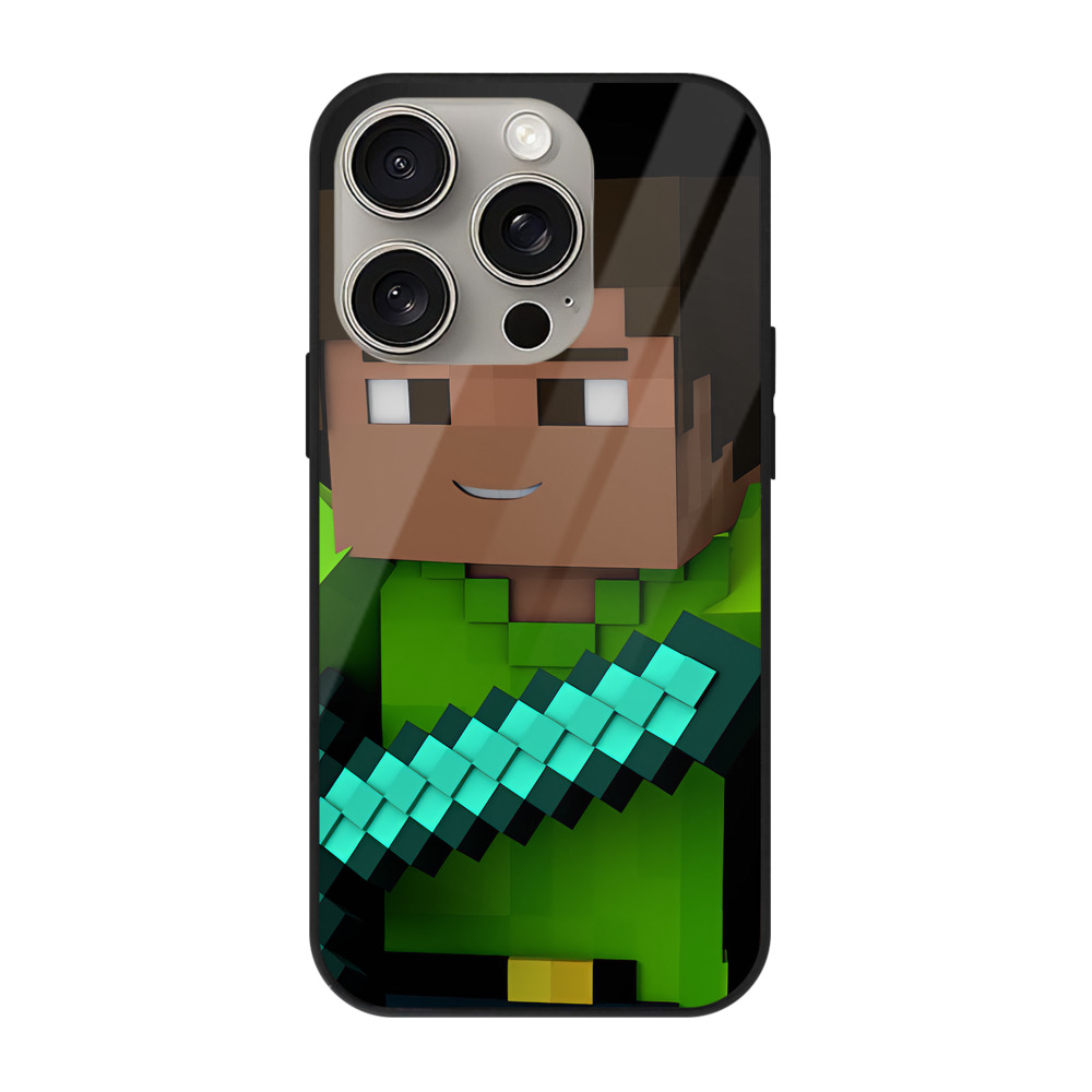 （画像用） マインクラフト ブロックの世界 Minecraft MC Block world 【iPhone15Pro対応】スマホケース 耐衝撃＆黄変防止 背面ガラス