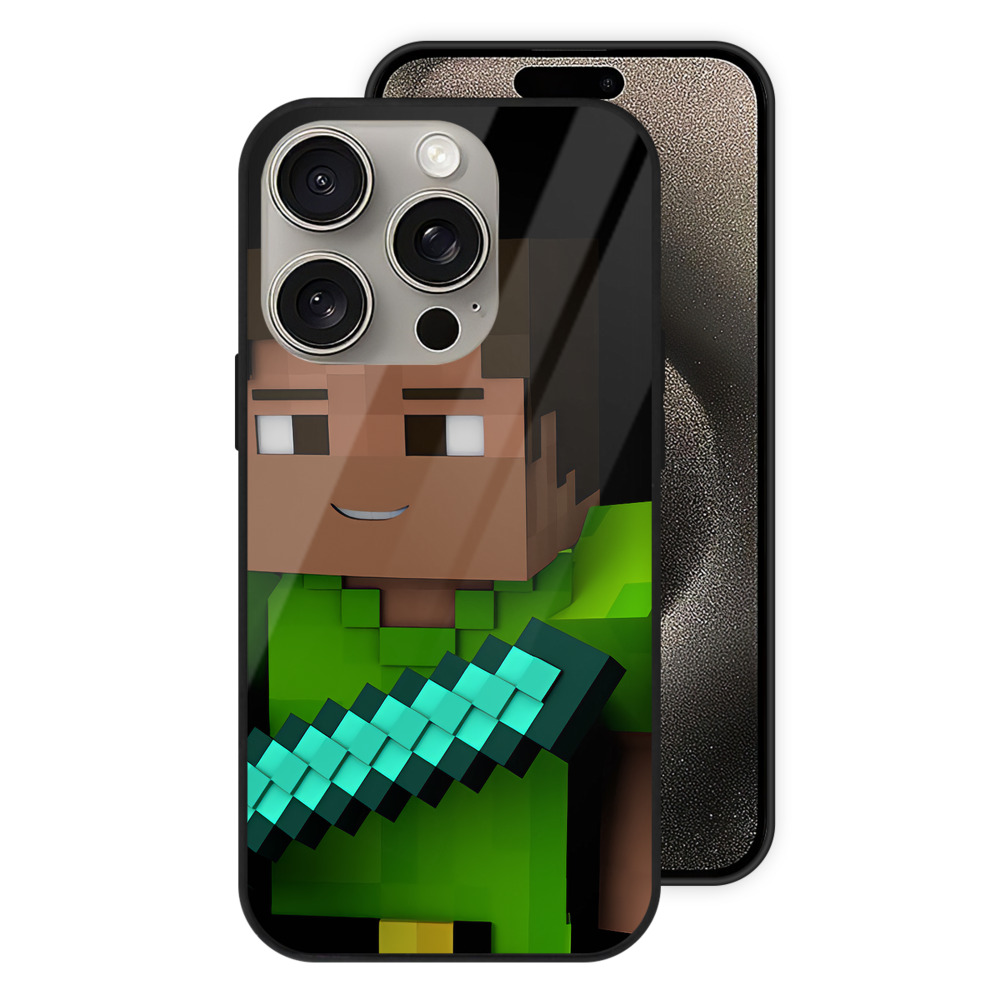 （画像用） マインクラフト ブロックの世界 Minecraft MC Block world 【iPhone15Pro対応】スマホケース 耐衝撃＆黄変防止 背面ガラス