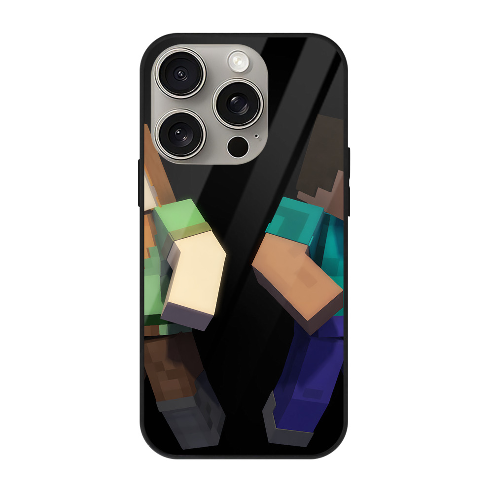 （画像用） マインクラフト ブロックの世界 Minecraft MC Block world 【iPhone15Pro対応】スマホケース 耐衝撃＆黄変防止 背面ガラス