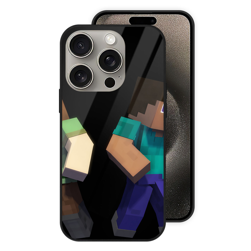 （画像用） マインクラフト ブロックの世界 Minecraft MC Block world 【iPhone15Pro対応】スマホケース 耐衝撃＆黄変防止 背面ガラス