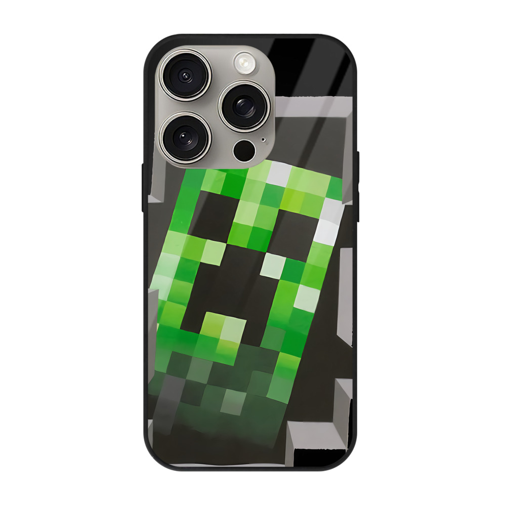 （画像用） マインクラフト ブロックの世界 Minecraft MC Block world 【iPhone15Pro対応】スマホケース 耐衝撃＆黄変防止 背面ガラス