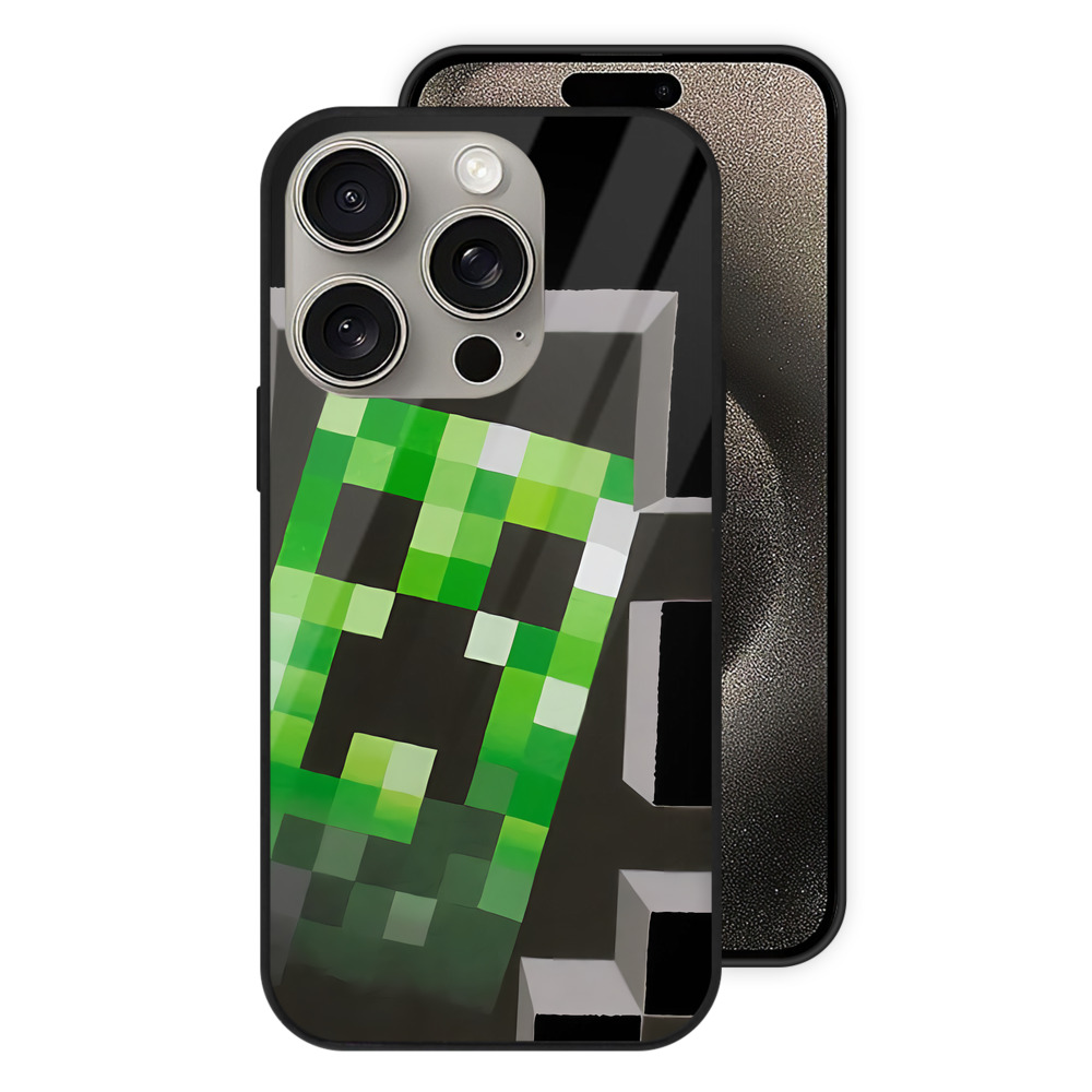 （画像用） マインクラフト ブロックの世界 Minecraft MC Block world 【iPhone15Pro対応】スマホケース 耐衝撃＆黄変防止 背面ガラス