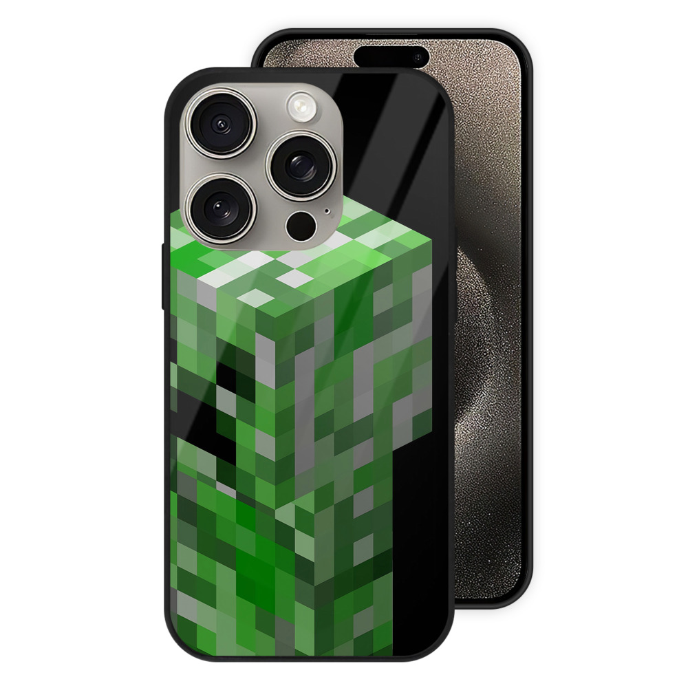 （画像用） マインクラフト ブロックの世界 Minecraft MC Block world 【iPhone15Pro対応】スマホケース 耐衝撃＆黄変防止 背面ガラス