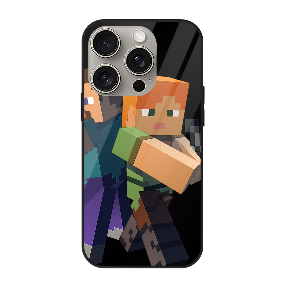 （画像用） マインクラフト ブロックの世界 Minecraft MC Block world 【iPhone15Pro対応】スマホケース 耐衝撃＆黄変防止 背面ガラス