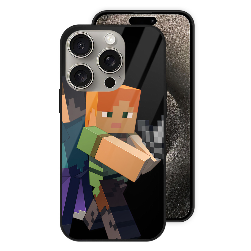 （画像用） マインクラフト ブロックの世界 Minecraft MC Block world 【iPhone15Pro対応】スマホケース 耐衝撃＆黄変防止 背面ガラス