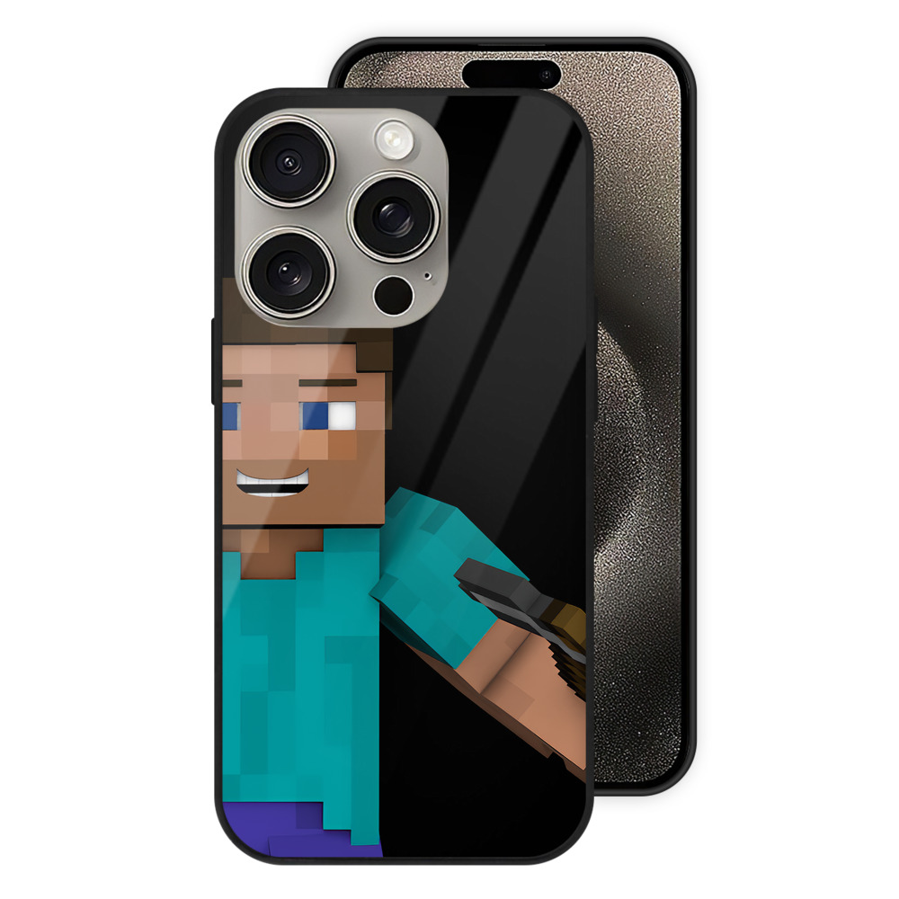 （画像用） マインクラフト ブロックの世界 Minecraft MC Block world 【iPhone15Pro対応】スマホケース 耐衝撃＆黄変防止 背面ガラス