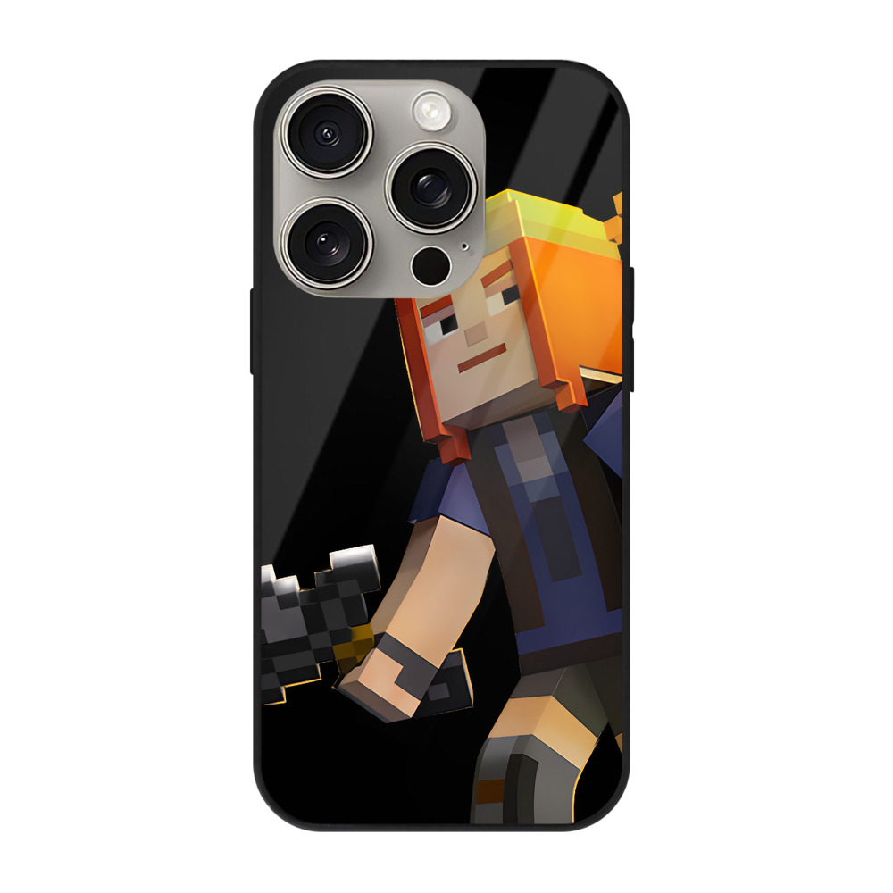 （画像用） マインクラフト ブロックの世界 Minecraft MC Block world 【iPhone15Pro対応】スマホケース 耐衝撃＆黄変防止 背面ガラス