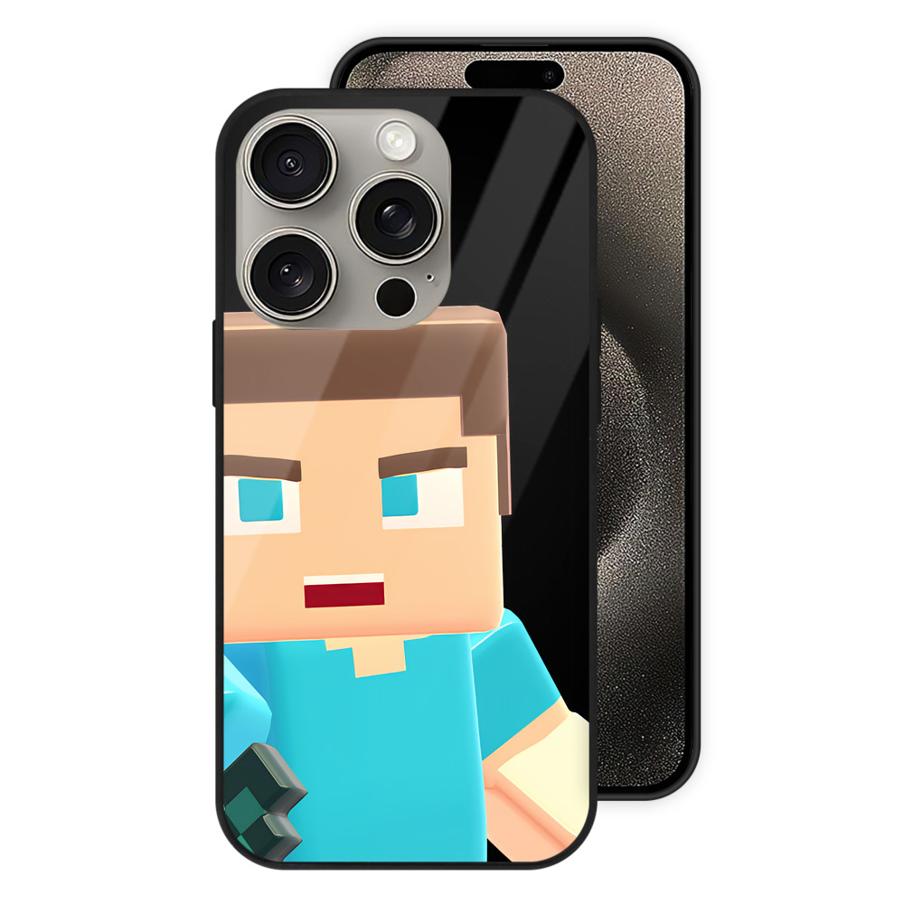 （画像用） マインクラフト ブロックの世界 Minecraft MC Block world 【iPhone15Pro対応】スマホケース 耐衝撃＆黄変防止 背面ガラス