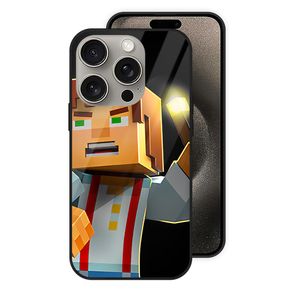 （画像用） マインクラフト ブロックの世界 Minecraft MC Block world 【iPhone15Pro対応】スマホケース 耐衝撃＆黄変防止 背面ガラス