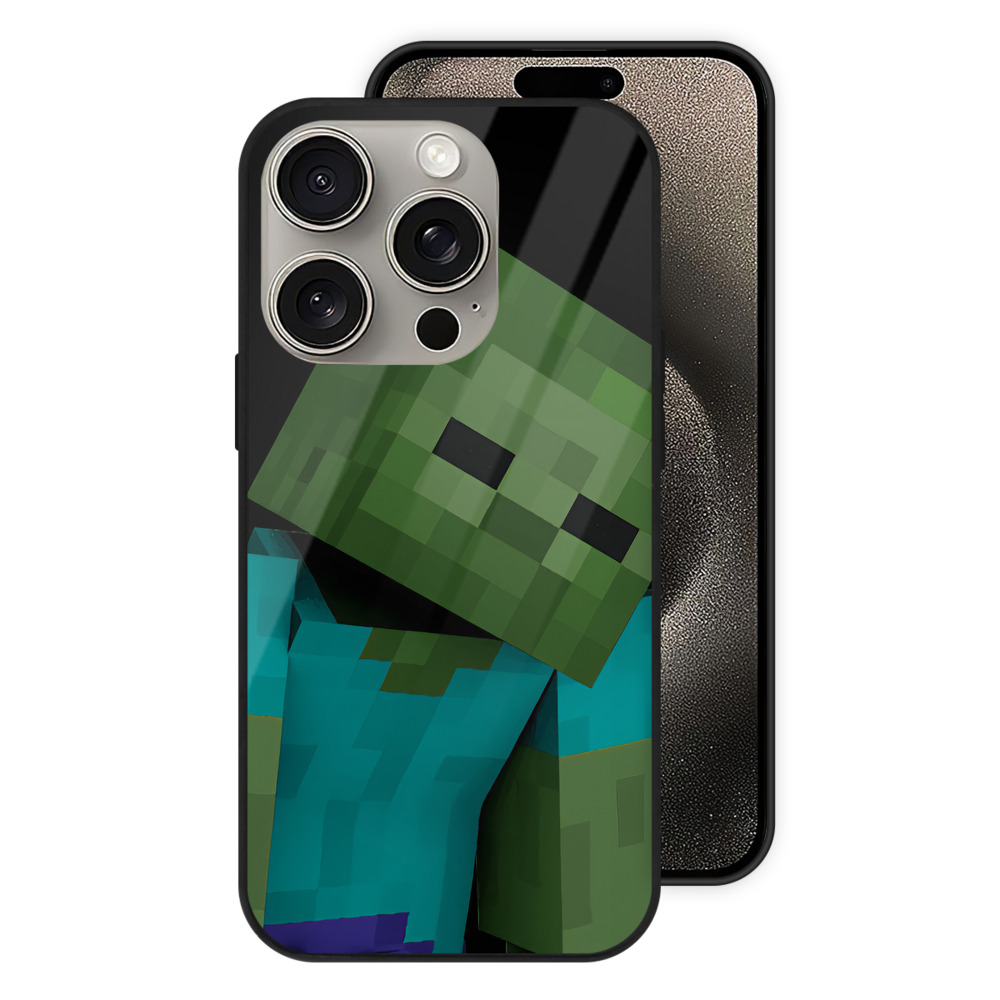 （画像用） マインクラフト ブロックの世界 Minecraft MC Block world 【iPhone15Pro対応】スマホケース 耐衝撃＆黄変防止 背面ガラス