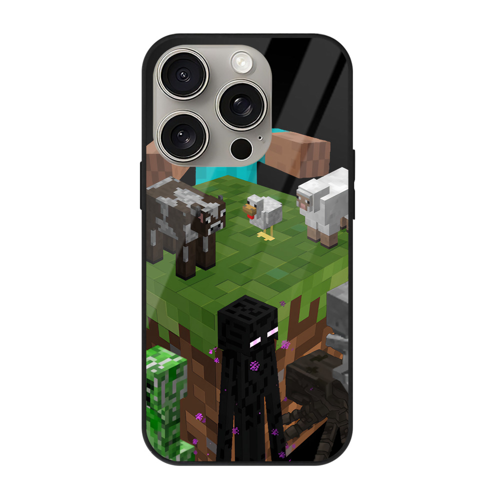 （画像用） マインクラフト ブロックの世界 Minecraft MC Block world 【iPhone15Pro対応】スマホケース 耐衝撃＆黄変防止 背面ガラス