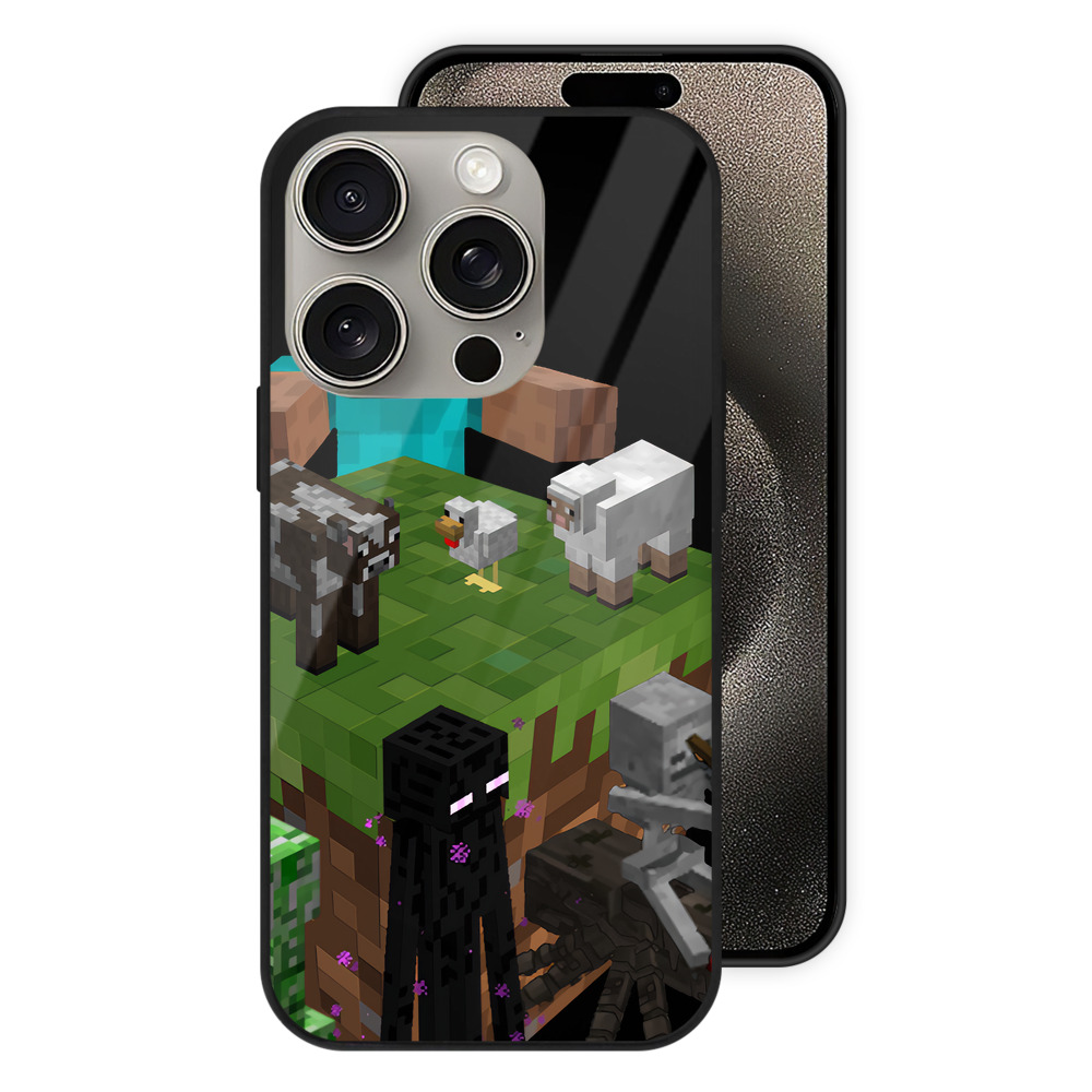 （画像用） マインクラフト ブロックの世界 Minecraft MC Block world 【iPhone15Pro対応】スマホケース 耐衝撃＆黄変防止 背面ガラス