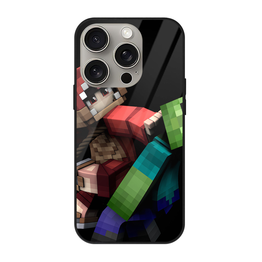 （画像用） マインクラフト ブロックの世界 Minecraft MC Block world 【iPhone15Pro対応】スマホケース 耐衝撃＆黄変防止 背面ガラス