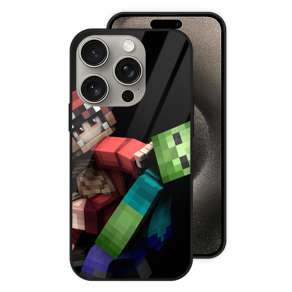 （画像用） マインクラフト ブロックの世界 Minecraft MC Block world 【iPhone15Pro対応】スマホケース 耐衝撃＆黄変防止 背面ガラス