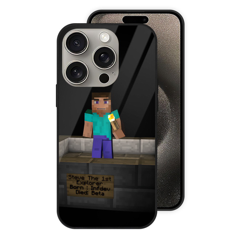 （画像用） マインクラフト ブロックの世界 Minecraft MC Block world 【iPhone15Pro対応】スマホケース 耐衝撃＆黄変防止 背面ガラス