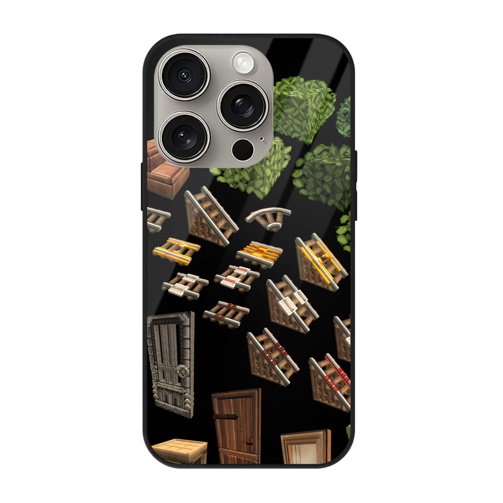 （画像用） マインクラフト ブロックの世界 Minecraft MC Block world 【iPhone15Pro対応】スマホケース 耐衝撃＆黄変防止 背面ガラス