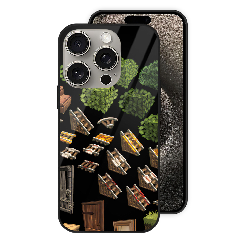 （画像用） マインクラフト ブロックの世界 Minecraft MC Block world 【iPhone15Pro対応】スマホケース 耐衝撃＆黄変防止 背面ガラス