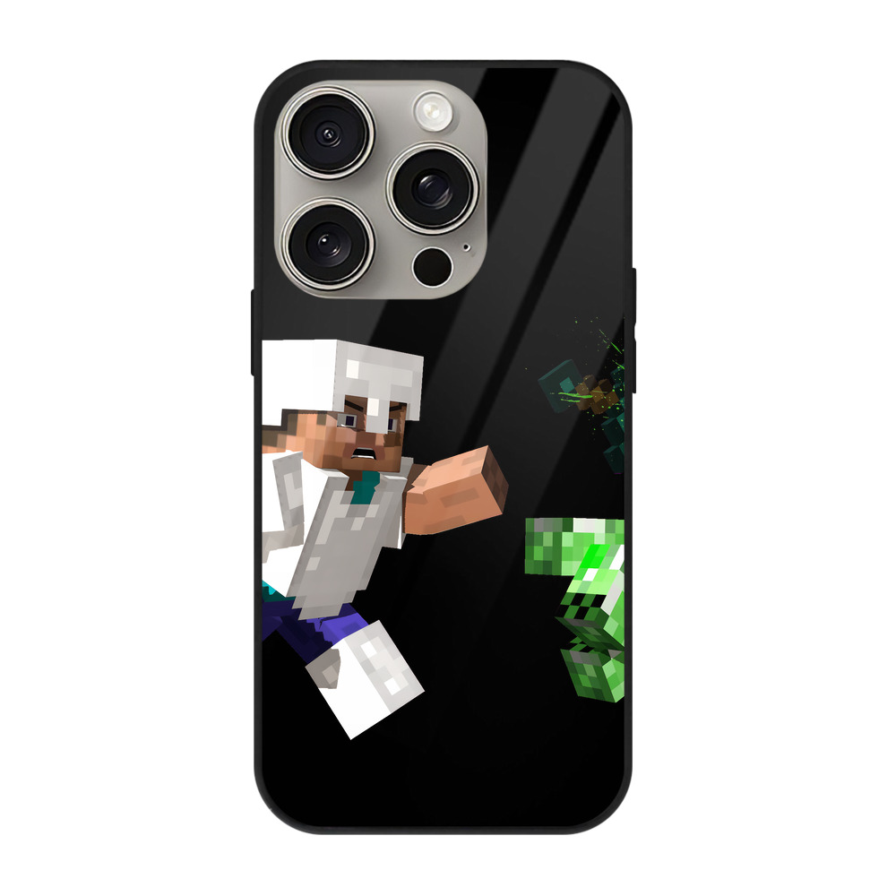 （画像用） マインクラフト ブロックの世界 Minecraft MC Block world 【iPhone15Pro対応】スマホケース 耐衝撃＆黄変防止 背面ガラス