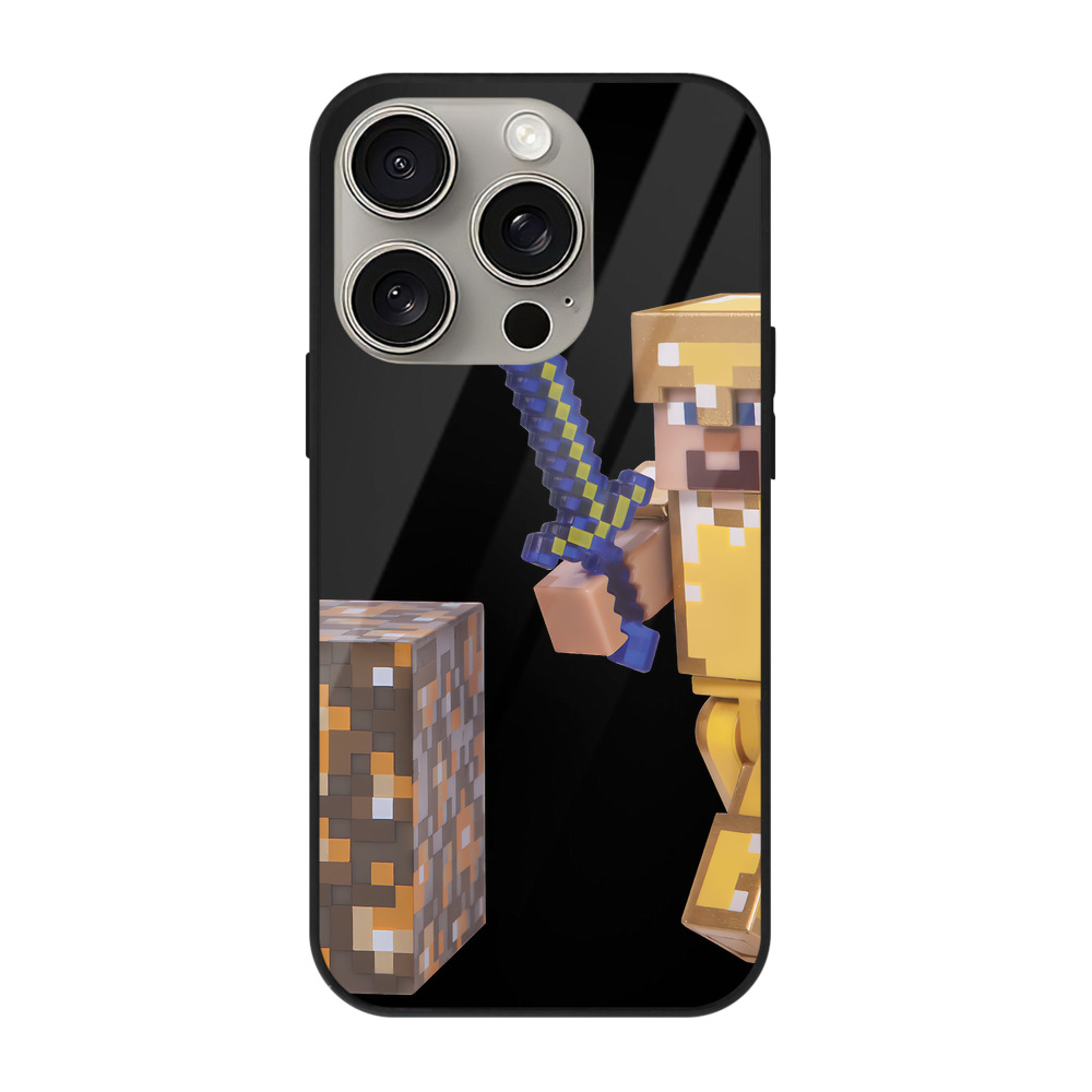 （画像用） マインクラフト ブロックの世界 Minecraft MC Block world 【iPhone15Pro対応】スマホケース 耐衝撃＆黄変防止 背面ガラス