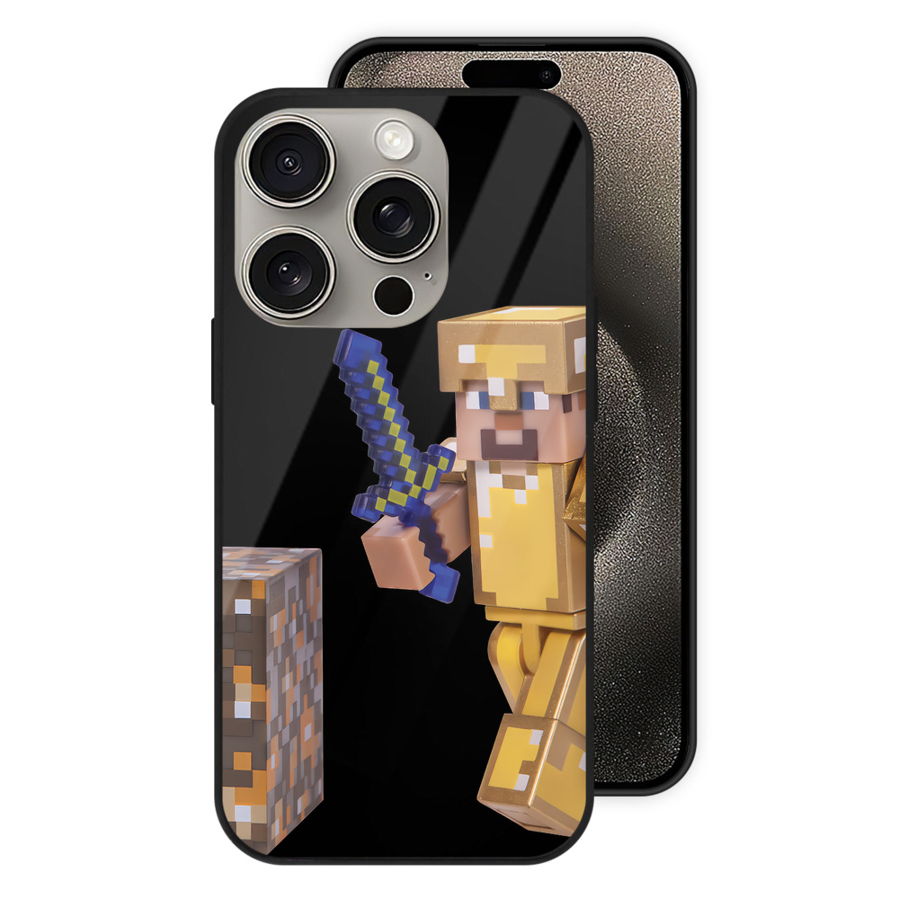 （画像用） マインクラフト ブロックの世界 Minecraft MC Block world 【iPhone15Pro対応】スマホケース 耐衝撃＆黄変防止 背面ガラス