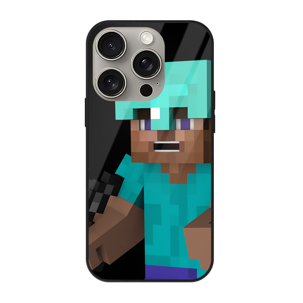 （画像用） マインクラフト ブロックの世界 Minecraft MC Block world 【iPhone15Pro対応】スマホケース 耐衝撃＆黄変防止 背面ガラス