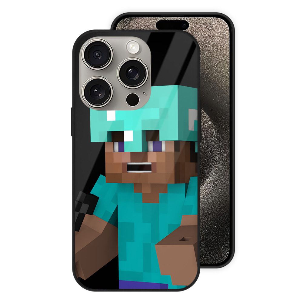 （画像用） マインクラフト ブロックの世界 Minecraft MC Block world 【iPhone15Pro対応】スマホケース 耐衝撃＆黄変防止 背面ガラス
