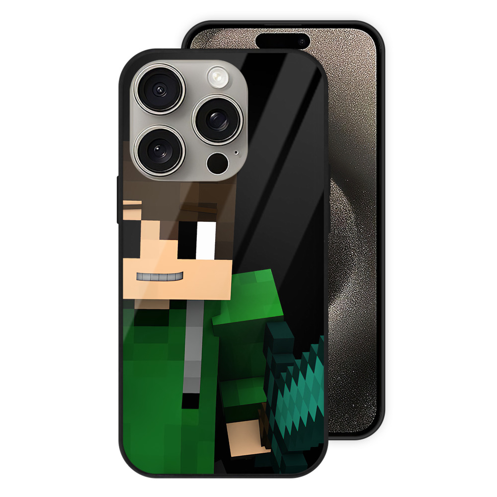 （画像用） マインクラフト ブロックの世界 Minecraft MC Block world 【iPhone15Pro対応】スマホケース 耐衝撃＆黄変防止 背面ガラス