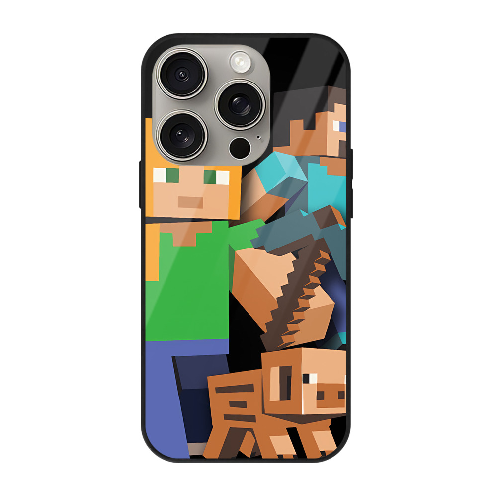（画像用） マインクラフト ブロックの世界 Minecraft MC Block world 【iPhone15Pro対応】スマホケース 耐衝撃＆黄変防止 背面ガラス