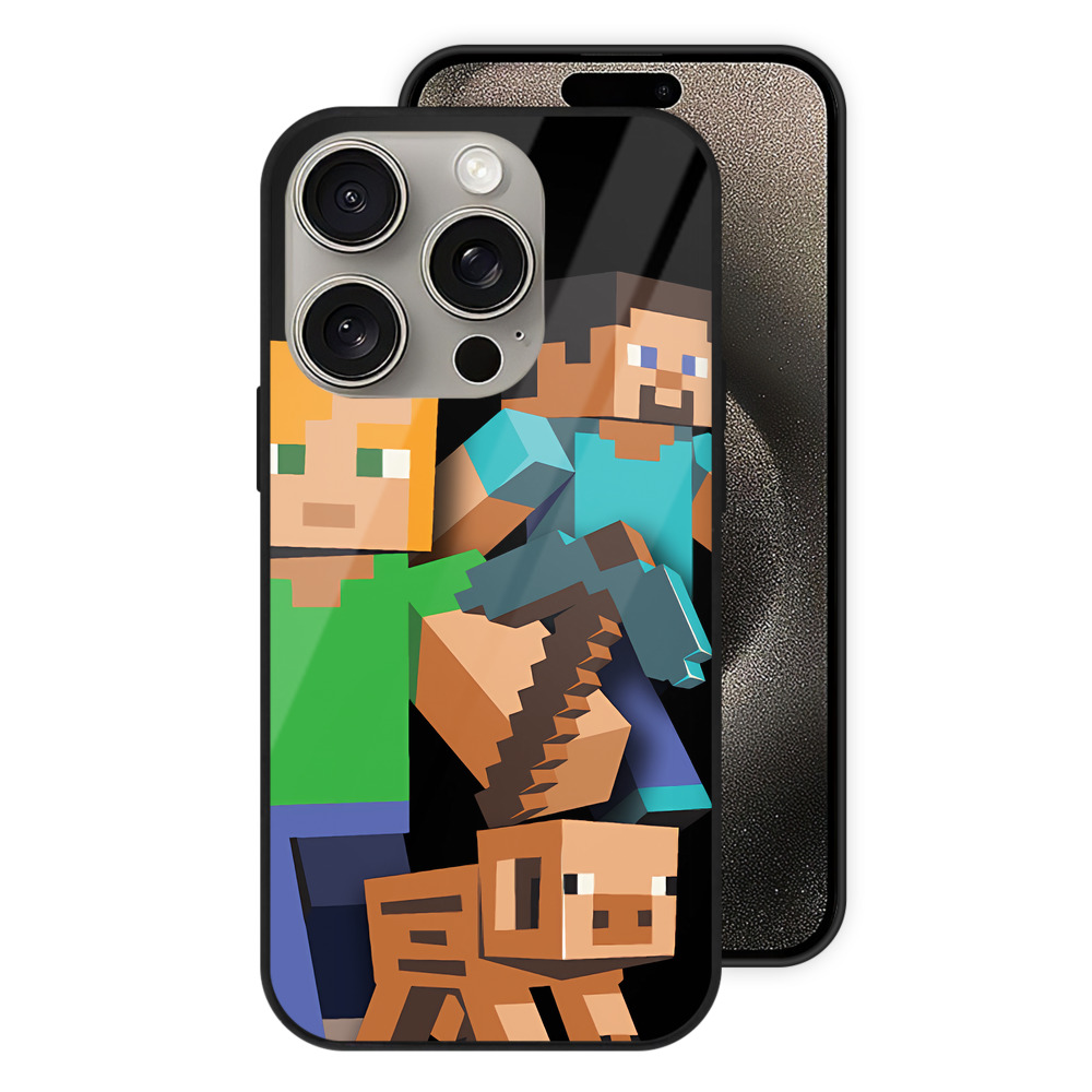 （画像用） マインクラフト ブロックの世界 Minecraft MC Block world 【iPhone15Pro対応】スマホケース 耐衝撃＆黄変防止 背面ガラス