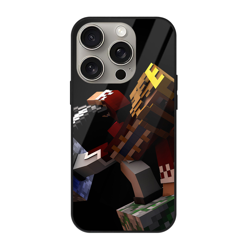 （画像用） マインクラフト ブロックの世界 Minecraft MC Block world 【iPhone15Pro対応】スマホケース 耐衝撃＆黄変防止 背面ガラス