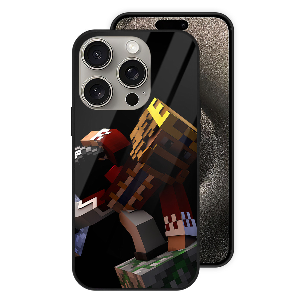 （画像用） マインクラフト ブロックの世界 Minecraft MC Block world 【iPhone15Pro対応】スマホケース 耐衝撃＆黄変防止 背面ガラス