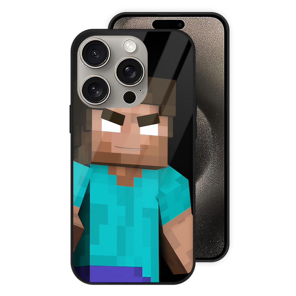 （画像用） マインクラフト ブロックの世界 Minecraft MC Block world 【iPhone15Pro対応】スマホケース 耐衝撃＆黄変防止 背面ガラス