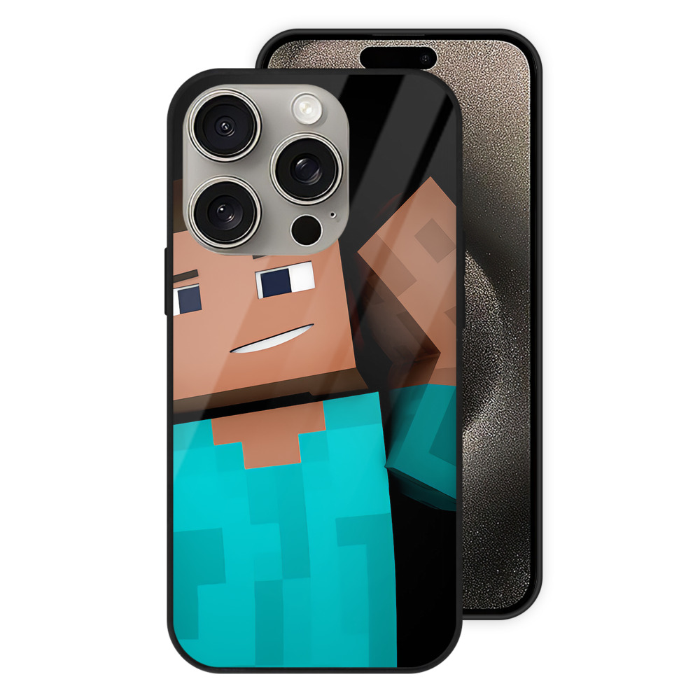 （画像用） マインクラフト ブロックの世界 Minecraft MC Block world 【iPhone15Pro対応】スマホケース 耐衝撃＆黄変防止 背面ガラス