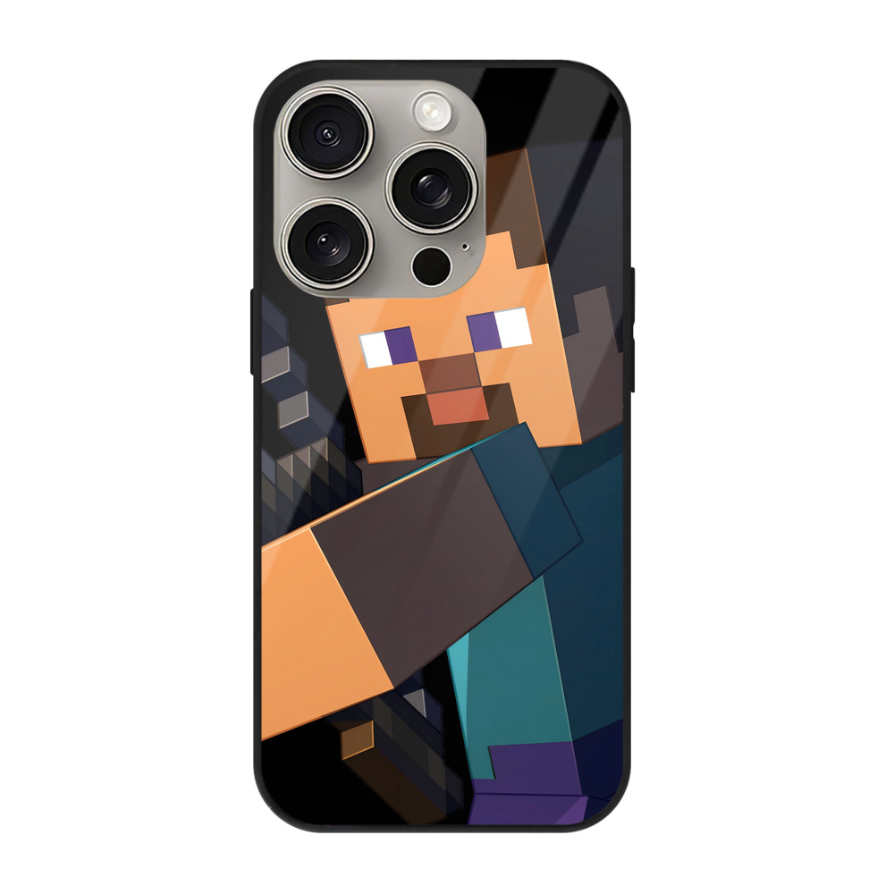 （画像用） マインクラフト ブロックの世界 Minecraft MC Block world 【iPhone15Pro対応】スマホケース 耐衝撃＆黄変防止 背面ガラス